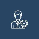 Icon of a person wearing a suit with a magnifying glass displaying a checkmark, on a dark blue background.